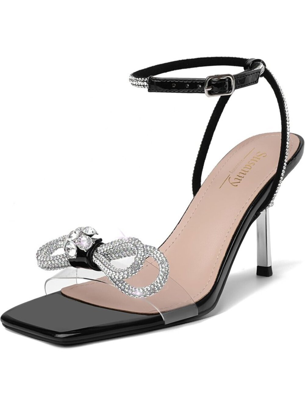 Women's Black Closed Toe Rhinestone Low Slingback Shoes Kitten Heels